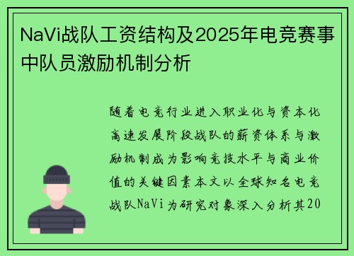 NaVi战队工资结构及2025年电竞赛事中队员激励机制分析
