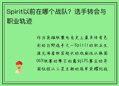 Spirit以前在哪个战队？选手转会与职业轨迹